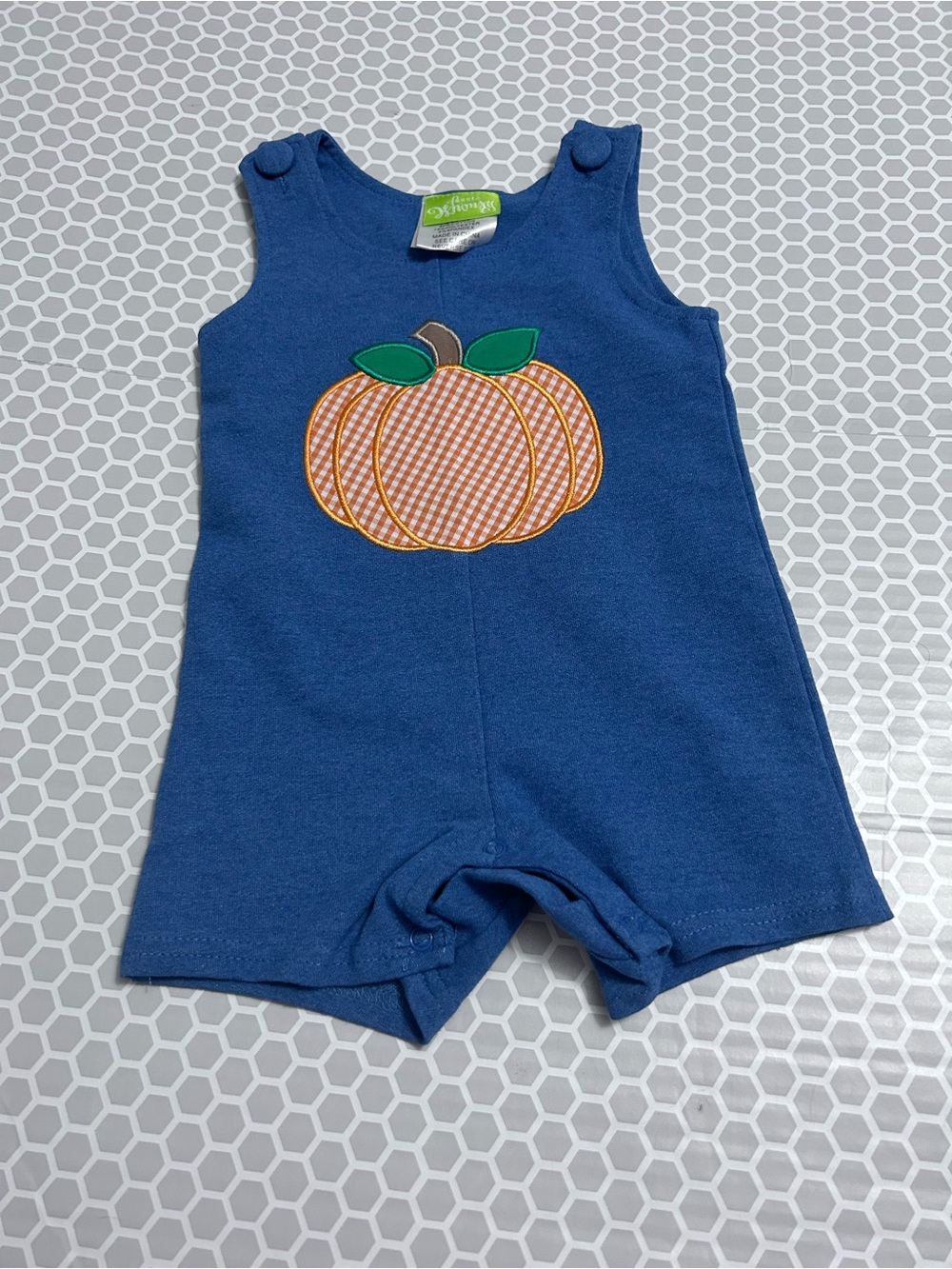 Baby Blue Pumpkin Appliqué Short Sleeve Romper. Size 9M